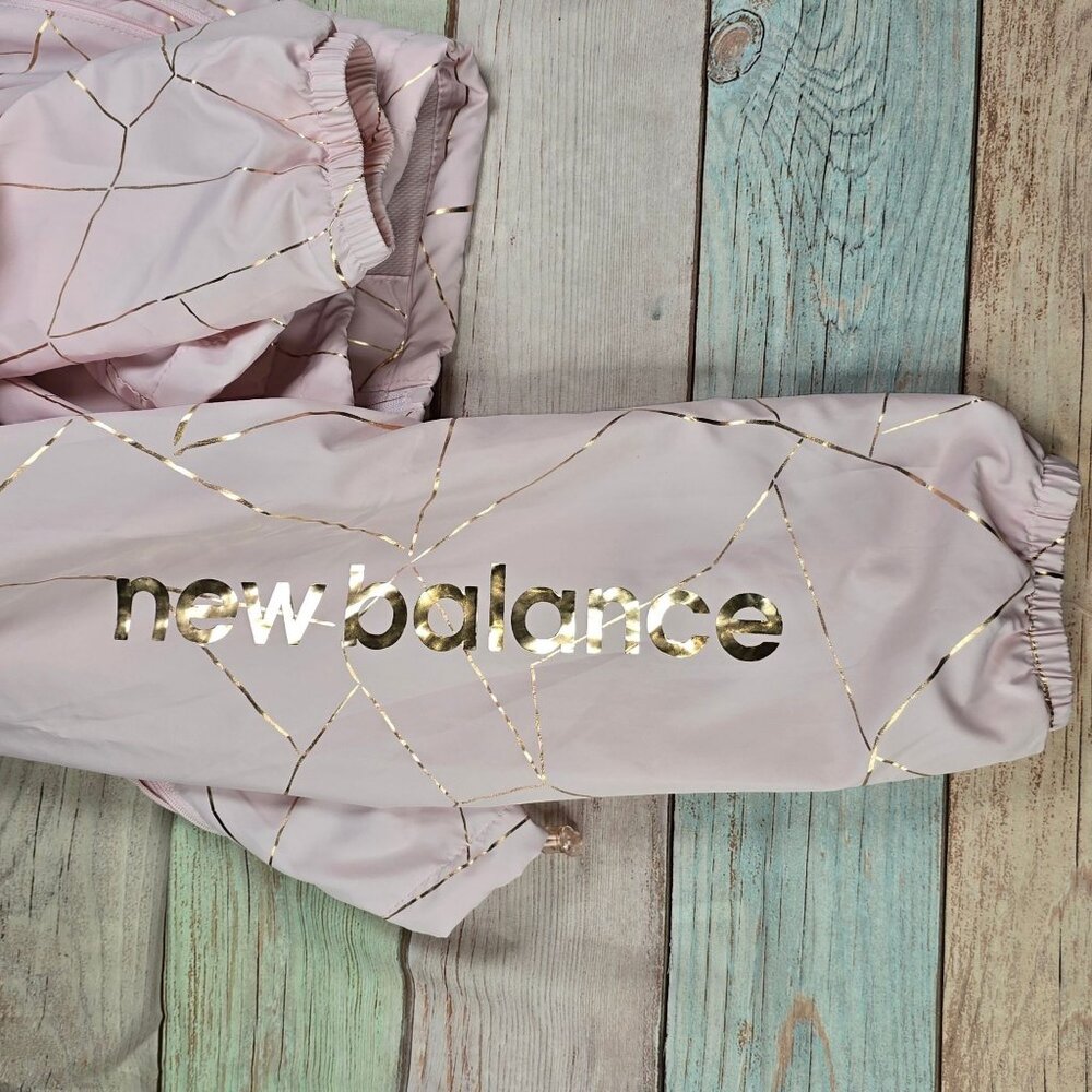 New Balance Womens 1X Hooded Windbreaker Jacket Pink Gold foil Geometric - Picture 15 of 16